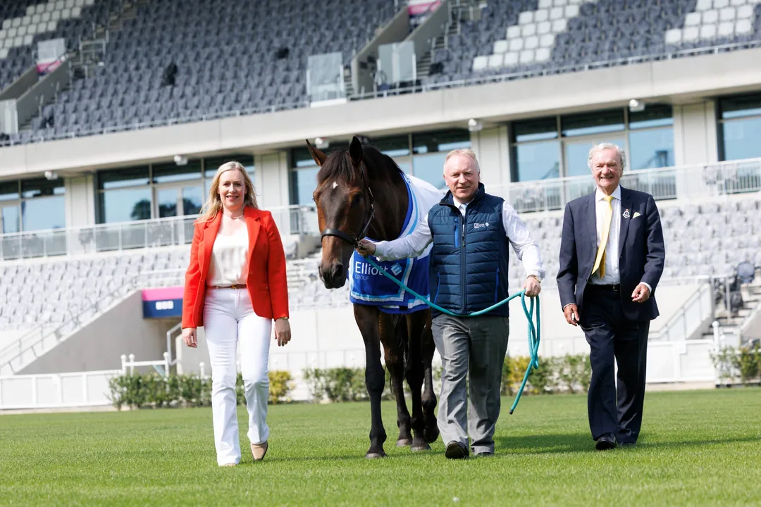 Horse with Dublin Horse Show trophy and Elliott Group representatives